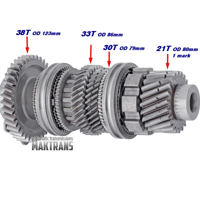 Výstupný hriadeľ č. 2 Výstupný hriadeľ 2 DCT450 (MPS6) ozubené koleso diferenciálu 21T, vonkajší priemer 80 mm, 1 značka; 6. (30T, OD 79 mm); 5. (33 OD 86 mm); Spiatočka (38T, OD 123 mm)