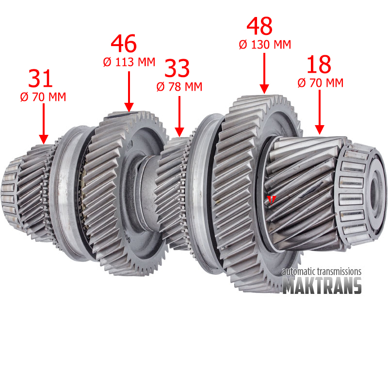 Výstupný hriadeľ diferenciálu č. 2 VAG DSG DQ500 0BT, 0BH — 18 (Ø 70 mm), 48 (Ø 130 mm), 33 (Ø 78 mm), 46 (Ø 113 mm), 31 (Ø 70 mm)