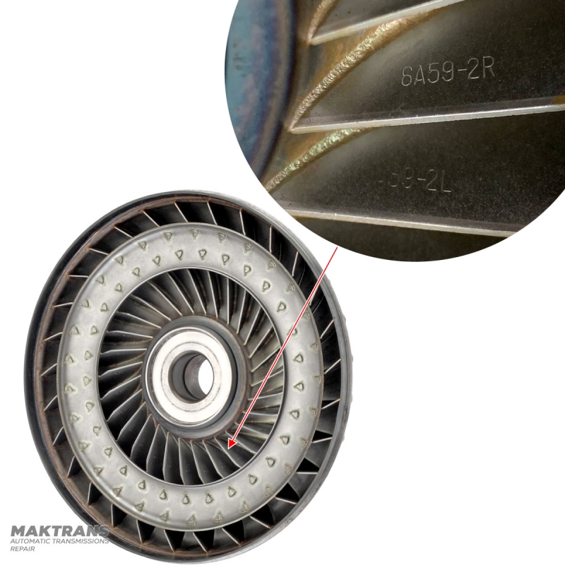 Koleso hydraulického transformátorového čerpadla Mitsubishi R4A51, V4A51 – poškodený čap (vymeniť), označenie RG, označenie lopatky 6A59-2R, 6A59-2L